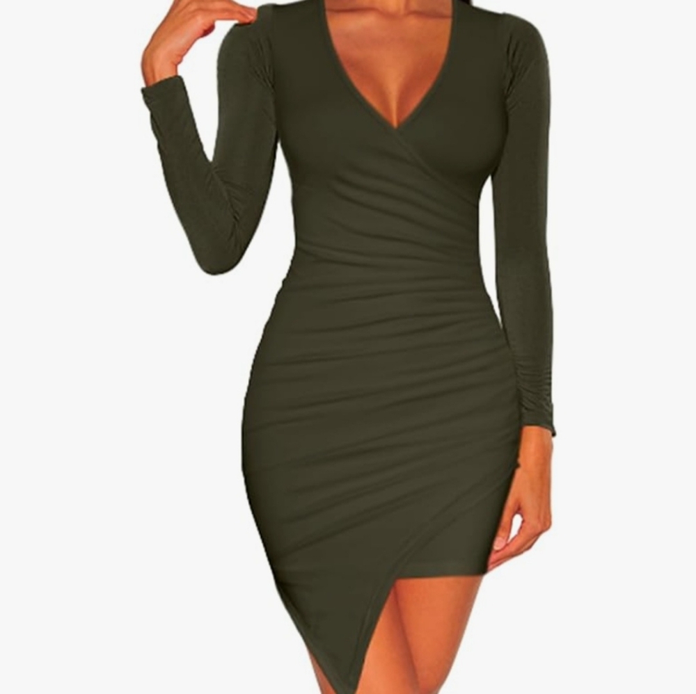 ZileZile Women's Sexy Bodycon Long Sleeve Ruched Deep V Neck Wrap Club Mini